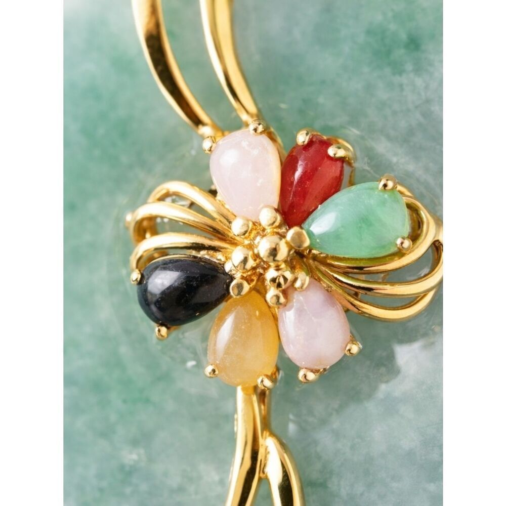 Jade Pendant Necklace 14K Gold Multicolor Gemstone Disc - Picture 4 of 4